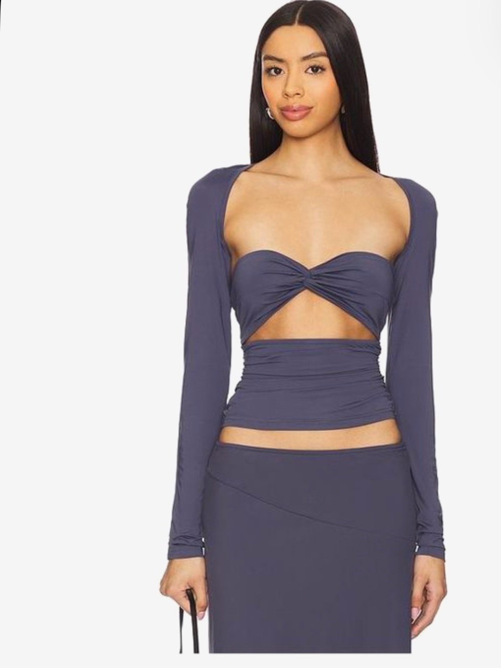 Lioness Twist Front Cutout Long Sleeve Crop Top in Slate Blue